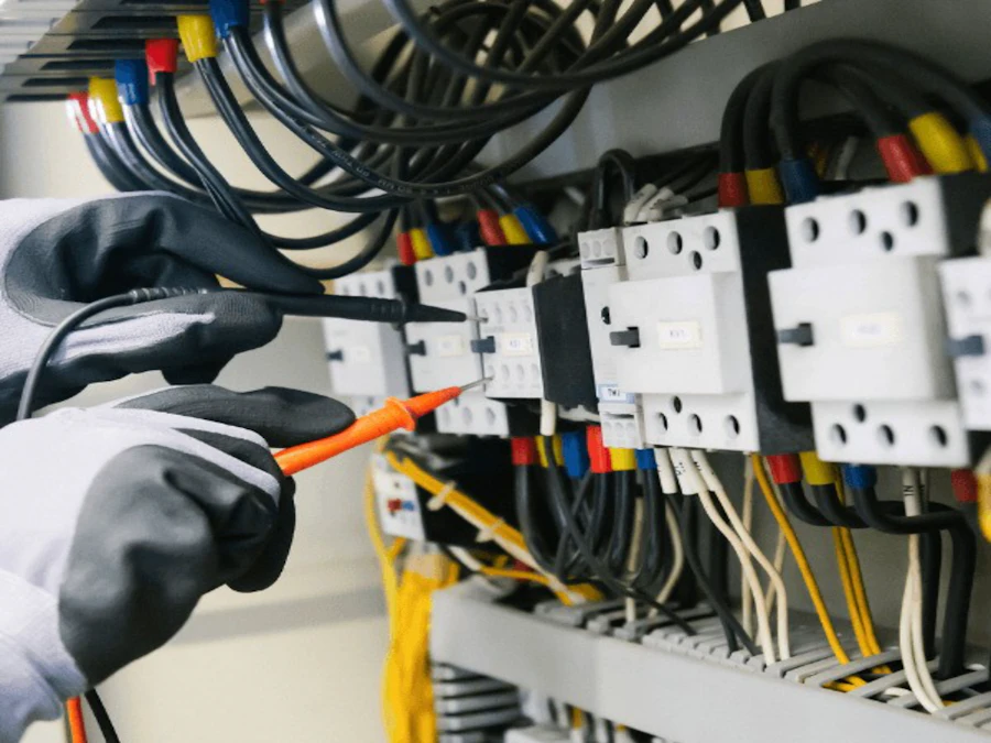 Técnico midiendo con un multímetro los contactores de un tablero eléctrico